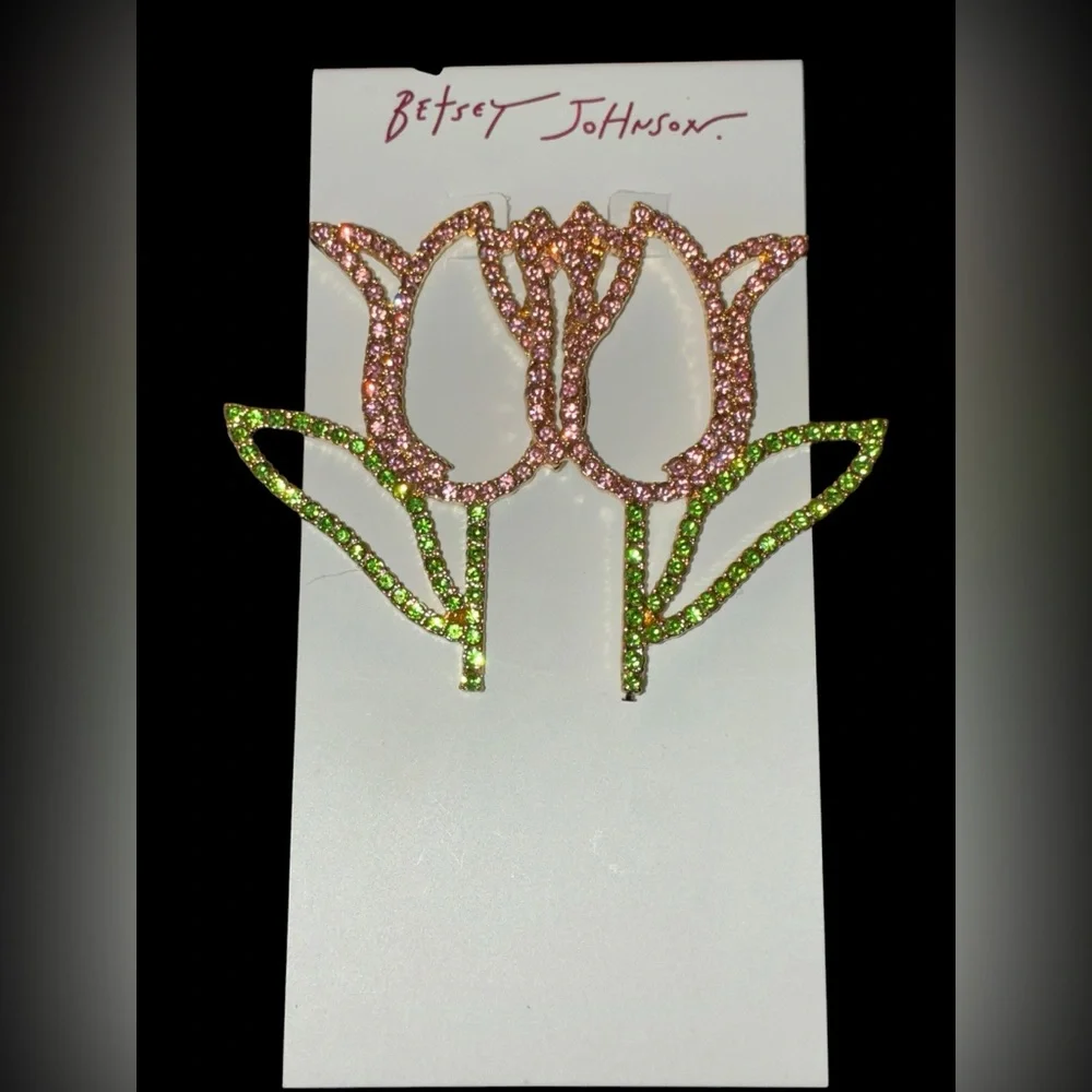 BETSEY JOHNSON Easter Spring Pink & Green Crystal-Studded Tulip Earrings NEW NWT - Picture 5 of 7